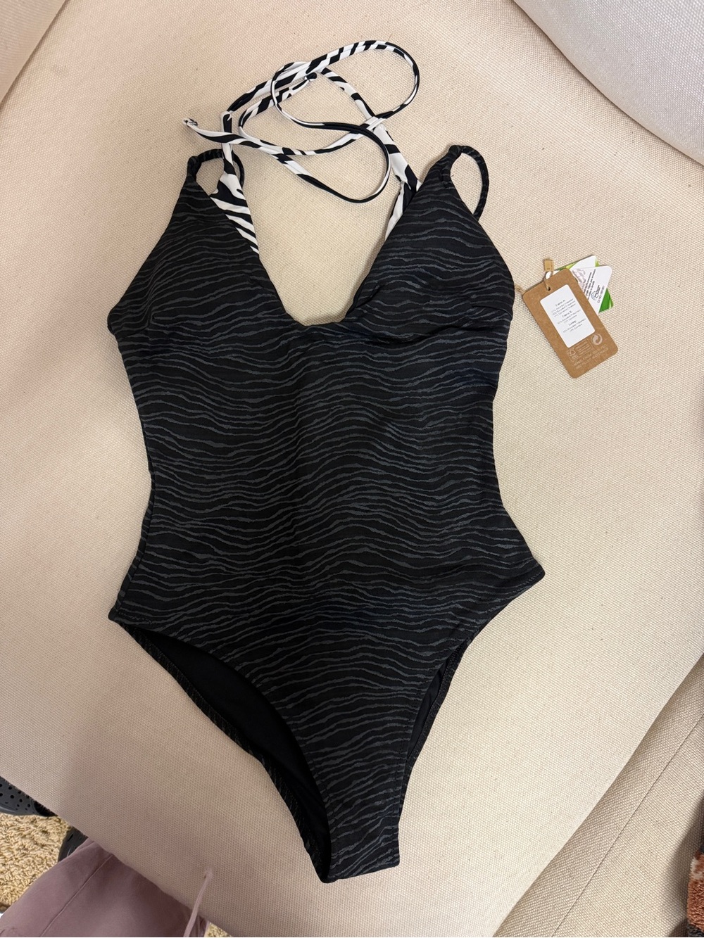 Black Wave-Print One-Piece Swimsuit with Zebra Tie Straps
